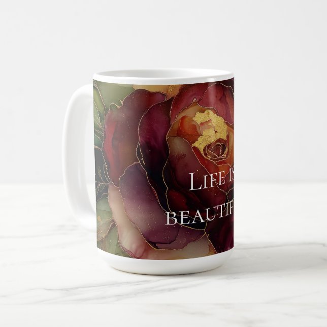 Romantische Rote Burgund Rose Gold Floral Kaffeetasse (Vorderseite Links)
