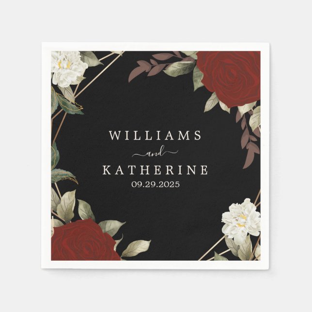 Romantische Rote Deep Rose Floral Winter Schwarze  Serviette (Vorderseite)