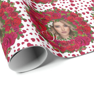 Romantische rote dunkelrosa Rosen Foto Rahmen Geschenkpapier