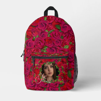 Romantische rote dunkelrosa Rosen-Fotoborde Bedruckter Rucksack