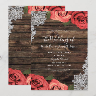 Romantische Rote Florale Rosen Rustikale Holzspitz Einladung