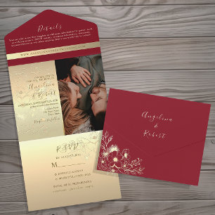 Romantische Rote Gold Hochzeit All In One Einladung