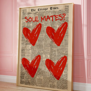 Romantische rote Herz-Zeitungs-Collage-Wandkunst Poster