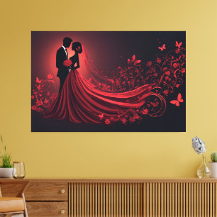 Romantische rote Hochzeitssilhouette von Braut und Leinwanddruck