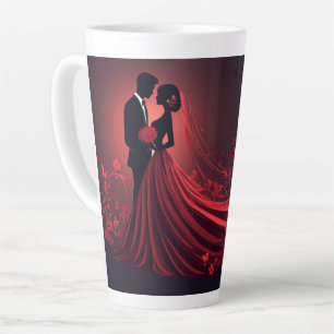 Romantische rote Hochzeitssilhouette von Braut und Milchtasse