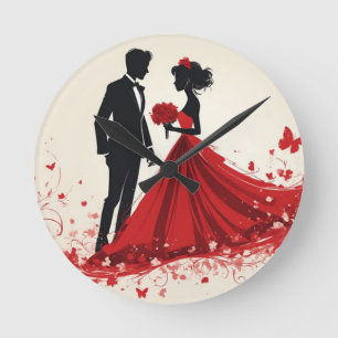 Romantische rote Hochzeitssilhouette von Braut und Runde Wanduhr