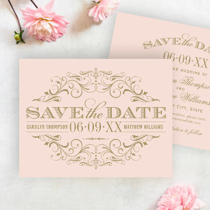 Romantische Röte Pfirsich Gold Schwung Hochzeit Save The Date