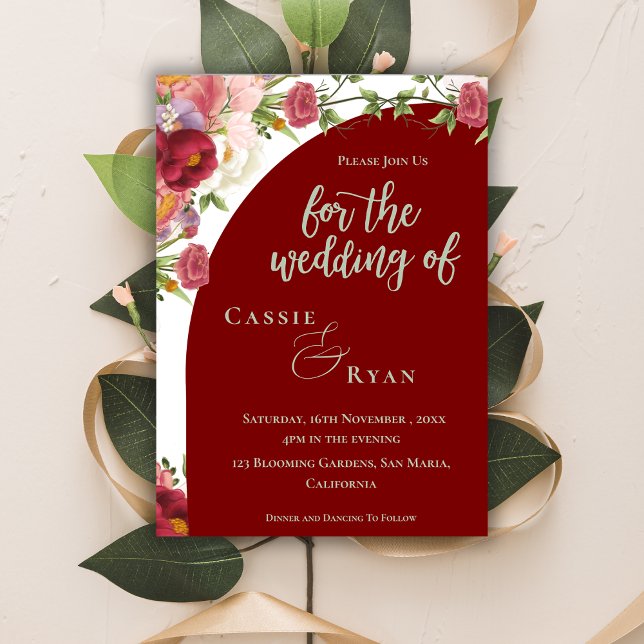 Romantische Rote Pfirsichblume Hochzeit Einladung (Romantic Red Peach Floral Arch Wedding Invitation)