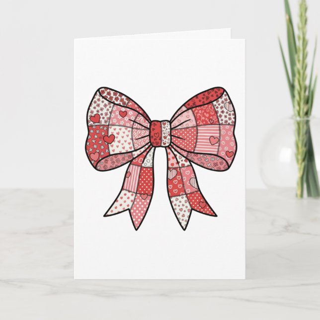 Romantische rote rosa Patchwork-Band-Schleife Zeic Karte (Vorderseite)