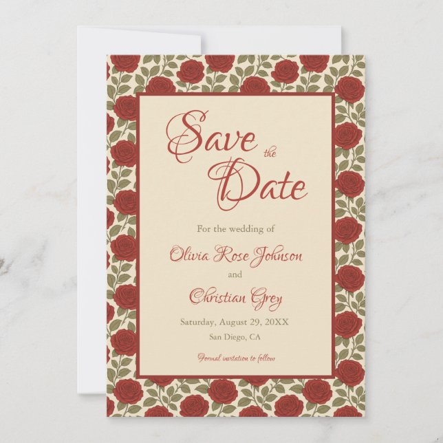 Romantische Rote Rose Hochzeit speichern das Datum Save The Date (Vorderseite)