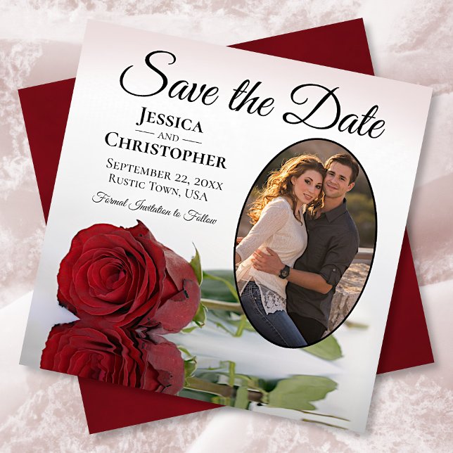 Romantische Rote Rose mit Oval Foto Hochzeit Save The Date (Von Creator hochgeladen)