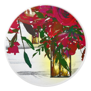 Romantische Rote Rose und Laterne Rustikal Keramikknauf