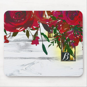 Romantische Rote Rose und Laterne Rustikal Mousepad