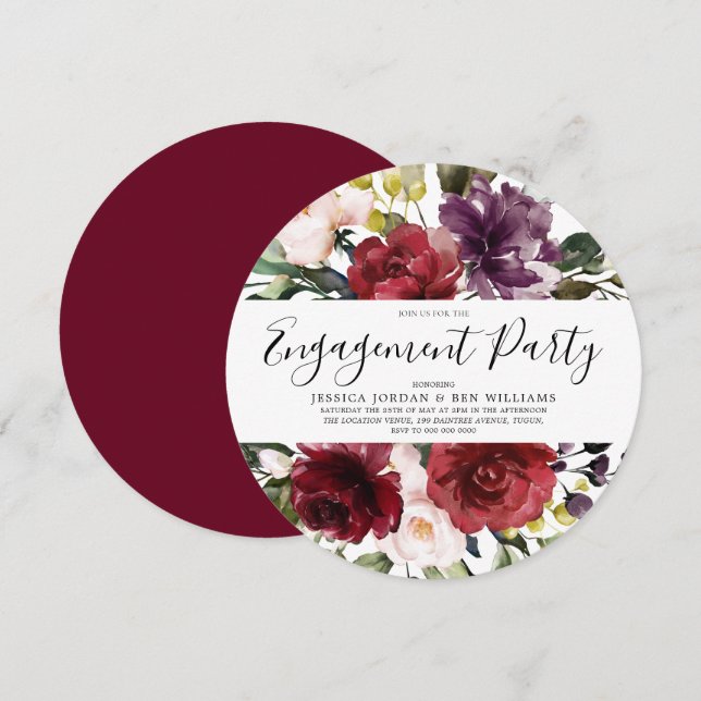 Romantische Rote Rose Watercolor Engagement Party Einladung (Vorne/Hinten)
