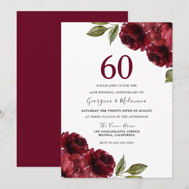 Romantische Rote Rosen 60. Hochzeitstag Einladung (Vorne/Hinten)