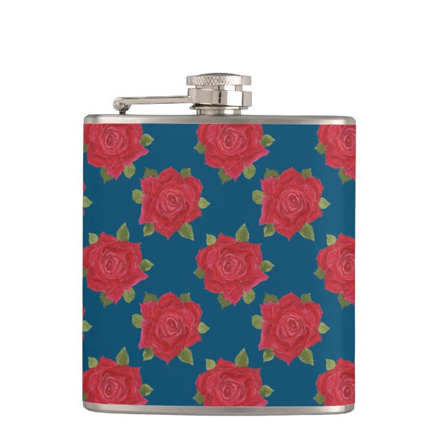 Romantische Rote Rosen auf Blue Custom Hip Flask Flachmann (Vorderseite)