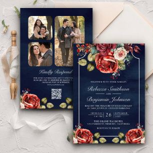 Romantische rote Rosen Blumen Navy QR-Code Hochzei Einladung