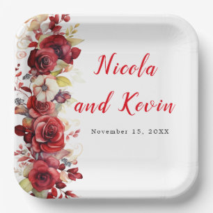 Romantische Rote Rosen Blumenhochzeit Pappteller