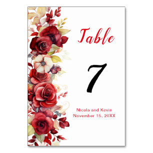 Romantische Rote Rosen Blumenhochzeit Tischnummer