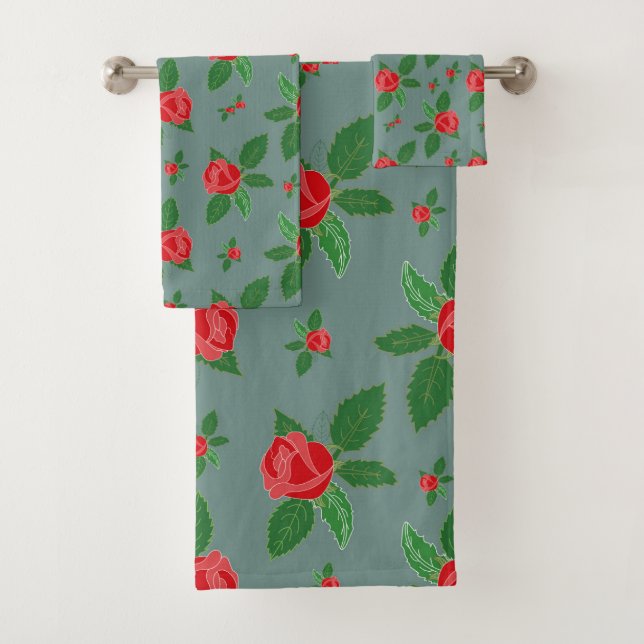 Romantische Rote Rosen Blumenmuster Grüne Blätter  Badhandtuch Set (Insitu)