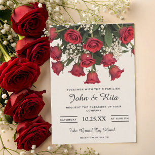 Romantische Rote Rosen Bouquet Details Hochzeit Einladung