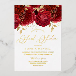 Romantische rote Rosen Elegante Sweet 16 Party Gol Folieneinladung