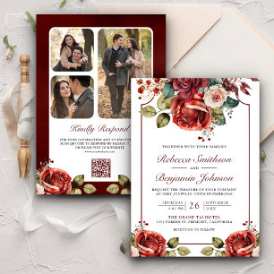 Romantische Rote Rosen Foto QR Code Hochzeit Einladung