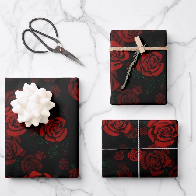 Romantische rote Rosen Geschenkpapier Set (Vorderseite)