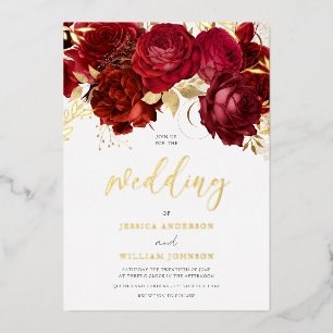 Romantische rote Rosen Goldfolie Hochzeit Folieneinladung