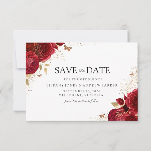 Romantische Rote Rosen Hochzeit der Goldenen Flora Save The Date (Vorderseite)