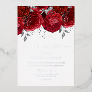 Romantische rote Rosen Quinceanera Silber Folieneinladung