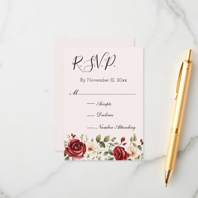 Romantische Rote Rosen Rosa Hochzeit RSVP Begleitkarte (Vorderseite/Rückseite Beispiel)
