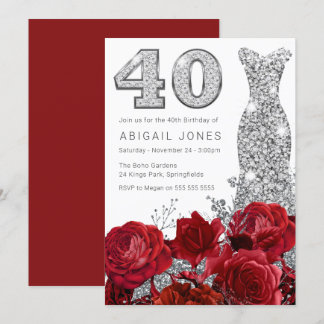 Romantische Rote Rosen Silberkleid 40. Geburtstag Einladung