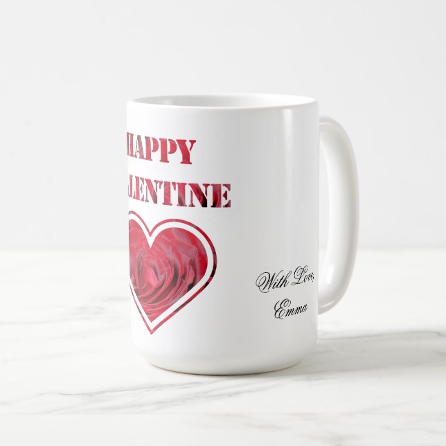 Romantische Rote Rosen Typografie Happy Valentine Kaffeetasse (VorderseiteRechts)