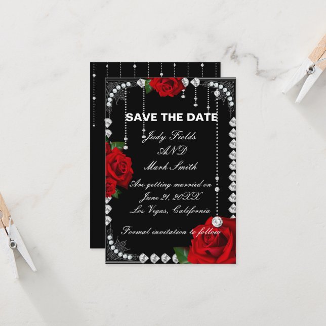 Romantische Rote Rosen und Diamanten Save the Date (Vorderseite/Rückseite Beispiel)