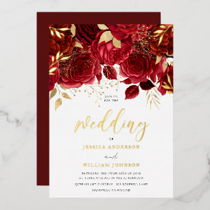 Romantische rote Rosen und Goldblatt-Hochzeit Folieneinladung