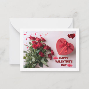 Romantische rote Rosen und Herz-Geschenkbox zum Va Mitteilungskarte