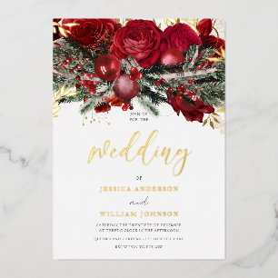 Romantische rote Rosen Weihnachtshochzeit Gold Folieneinladung
