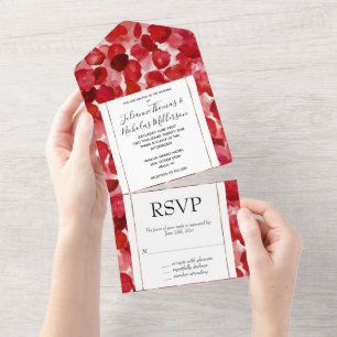 Romantische rote Rosenblüten Hochzeit All In One Einladung