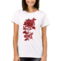 Romantische rote Tintenschrose und Schmetterlinge