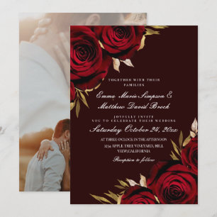 Romantische rote und goldene Rosen-Blumen-Hochzeit Einladung