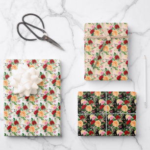 Romantische rote und orange Rosen Geschenkpapier Set
