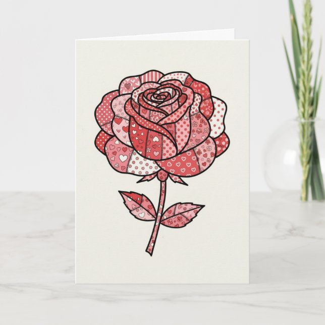Romantische rote und rosa Patchwork-Rosen-Illustra Karte (Vorderseite)