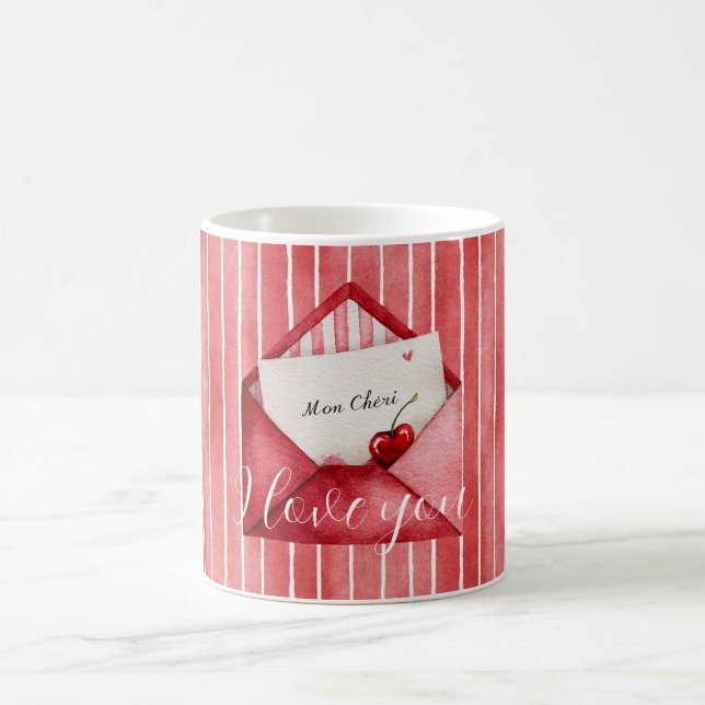 Romantische rote weiße Streifen Mon Cheri Liebe Kaffeetasse (Mittel)
