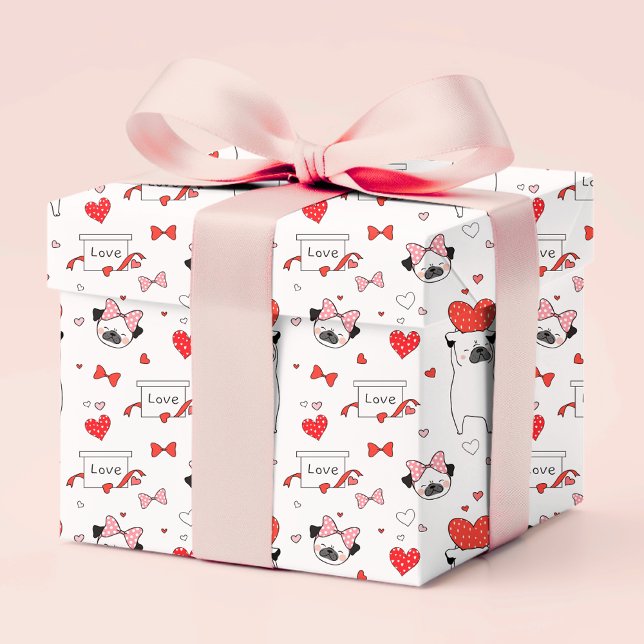 Romantische Rotes Herz Mops Liebe | Valentinstag Geschenkpapier (Von Creator hochgeladen)