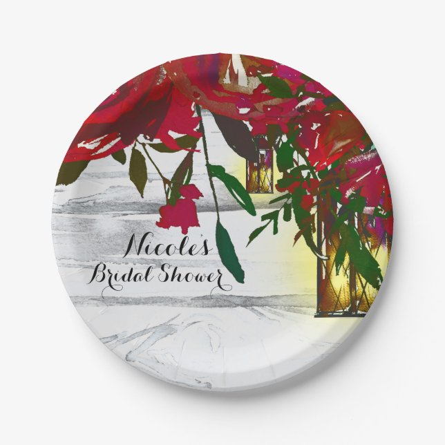 Romantische Rotwasserfarben-Rose & Laternenhochzei Pappteller (Vorderseite)