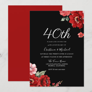 Romantische Ruby Red & Black Floral 40 Jahre alt Einladung