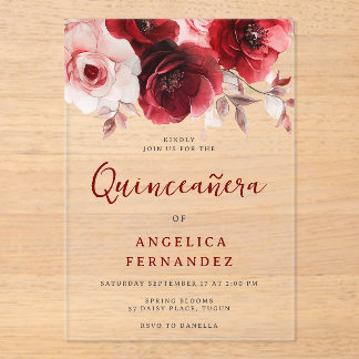 Romantische Ruby Rote Rose Quinceanera Party Acryleinladungen