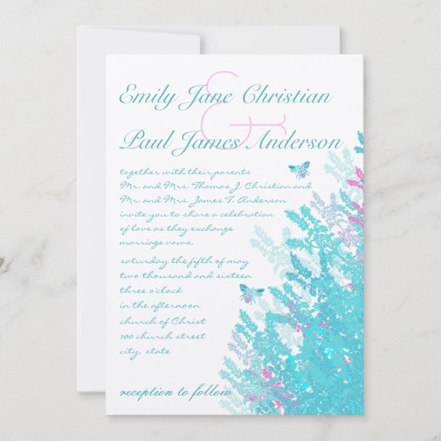 Romantische Rustikale Aqau Rosa Wildblume Biene Einladung (Vorderseite)