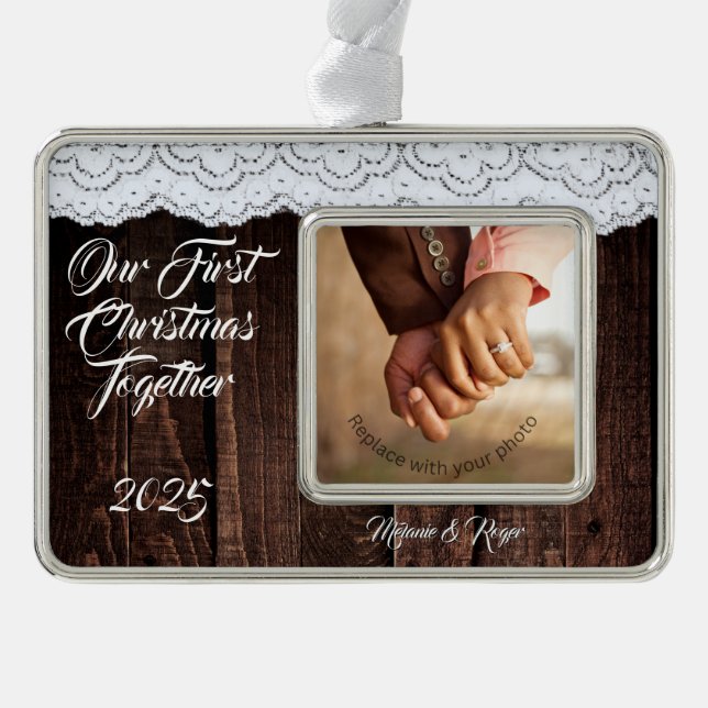 Romantische Rustikale Chic Lace und Holz Rahmen-Ornament Silber (Vorderseite)